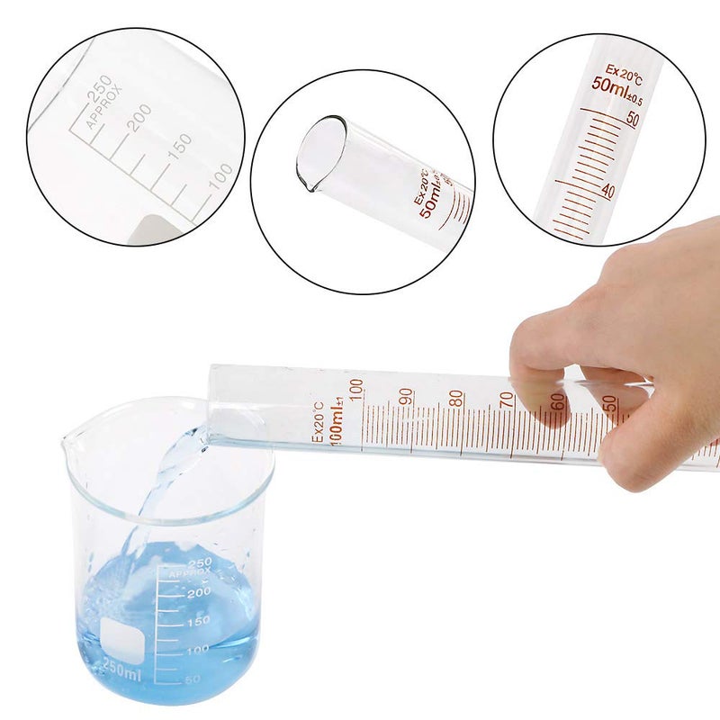 SUPERLELE Glass Graduated Cylinder Set 10ml 25ml 50ml 100ml, Thick Glass Beaker Set 50ml 100ml 250ml with 2 Droppers - Image 4